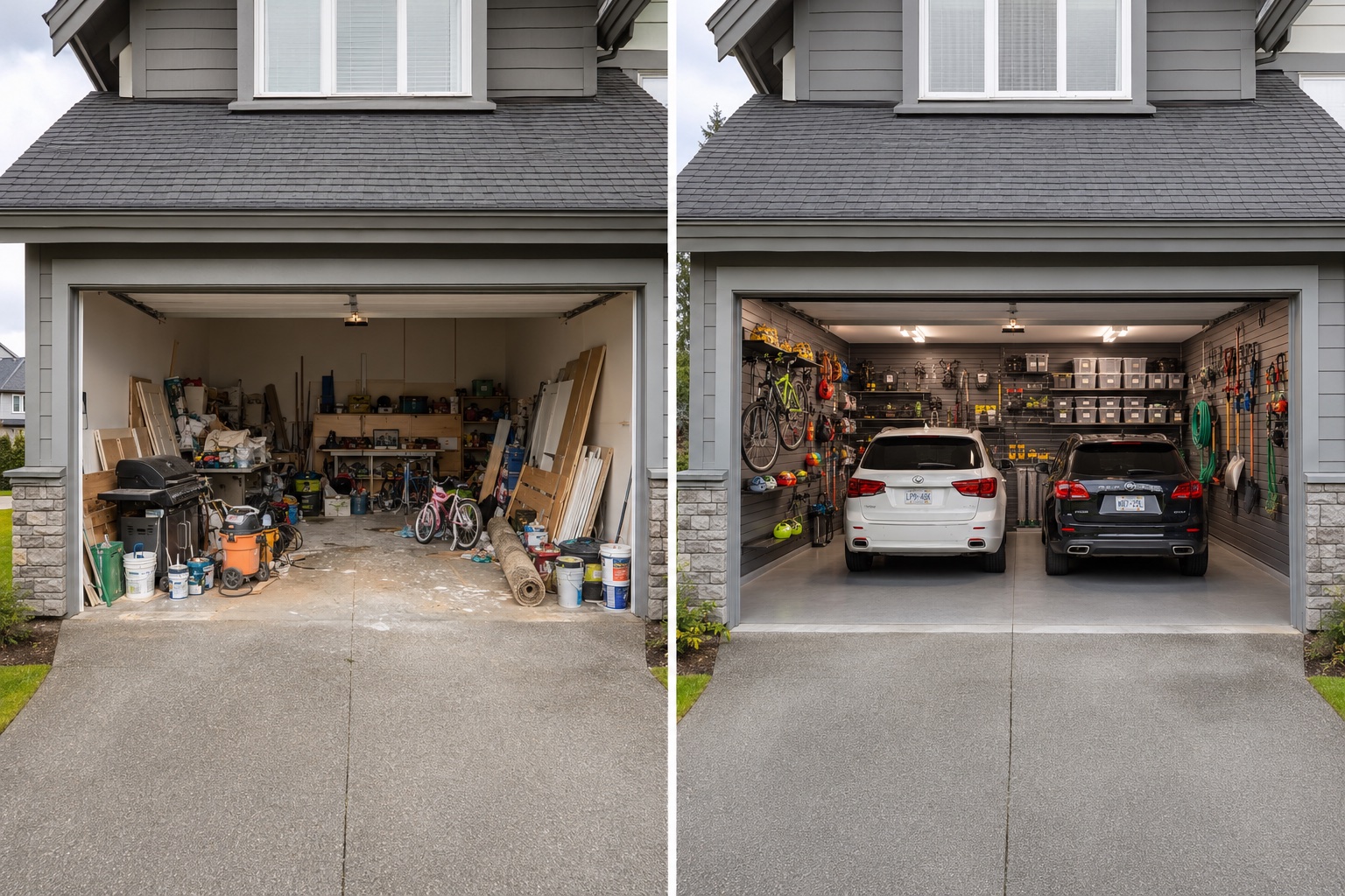 Before and after garage transformation - Morgan Creek, South Surrey